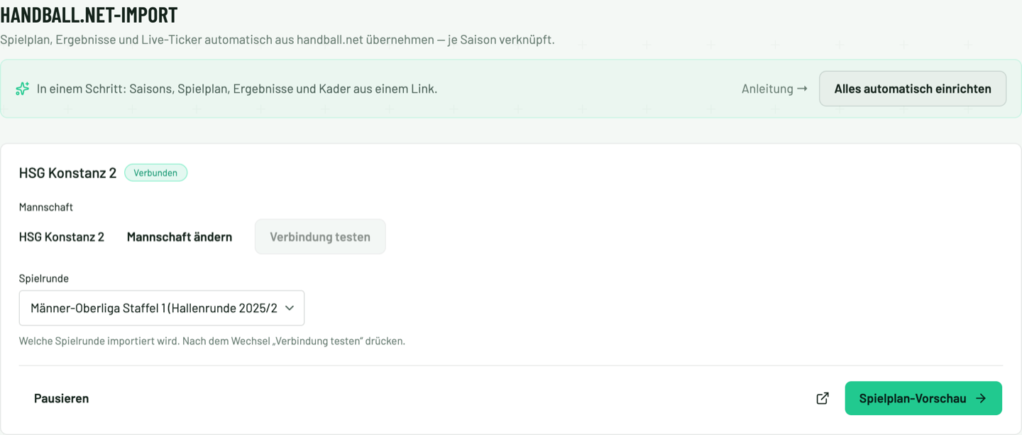 handball.net-Verknüpfung in der Verwaltung