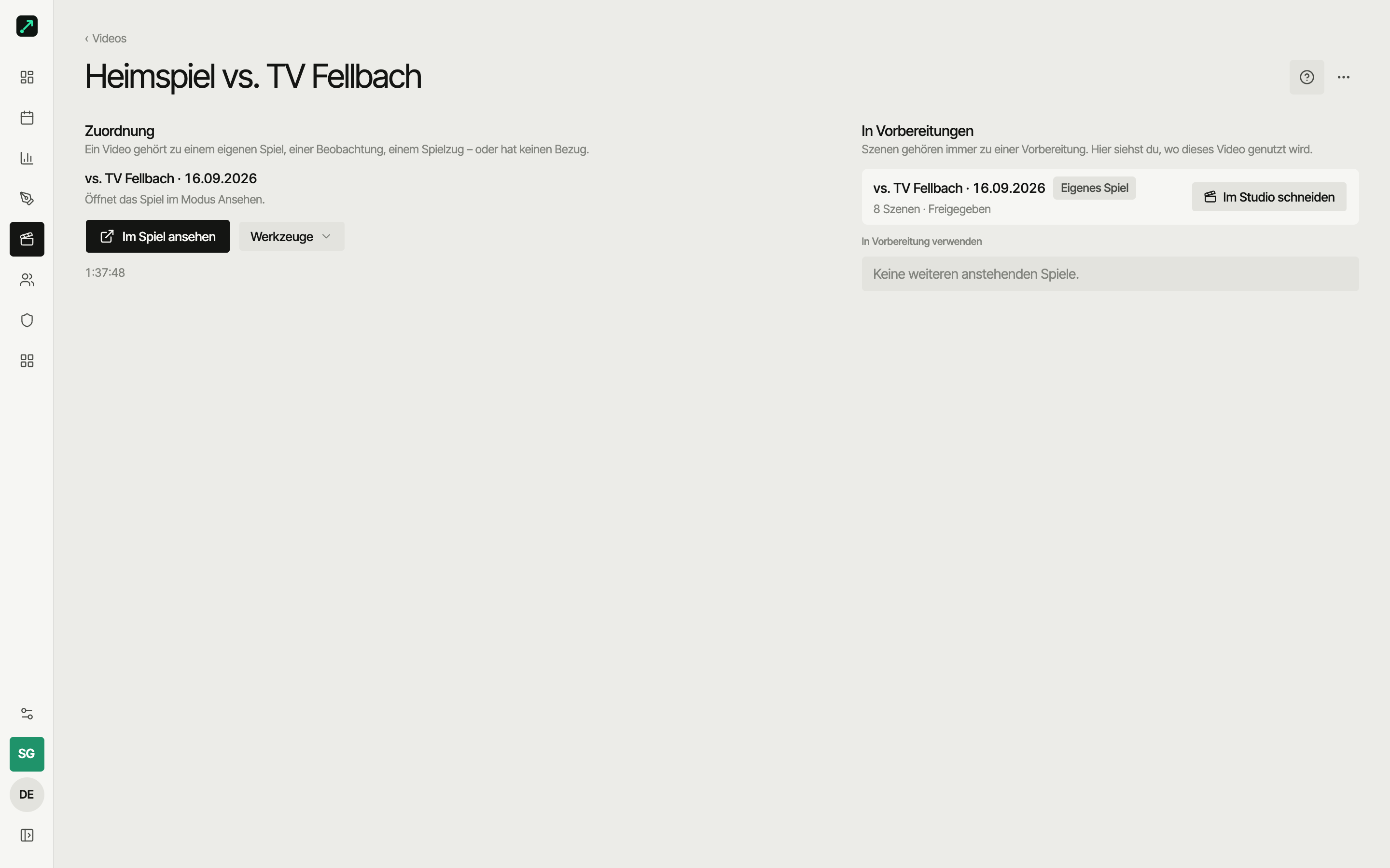 Video-Detailseite in SportsFlow: wozu das Video gehört, wohin Öffnen führt und die Vorbereitungen, in denen es genutzt wird