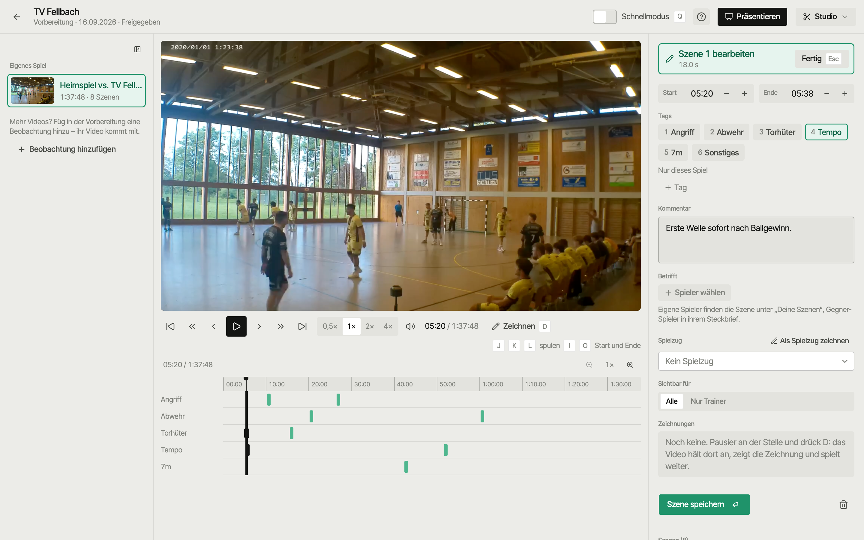 Video-Studio in SportsFlow: Szenen aus einer Beobachtung schneiden, mit Tags und Betrifft