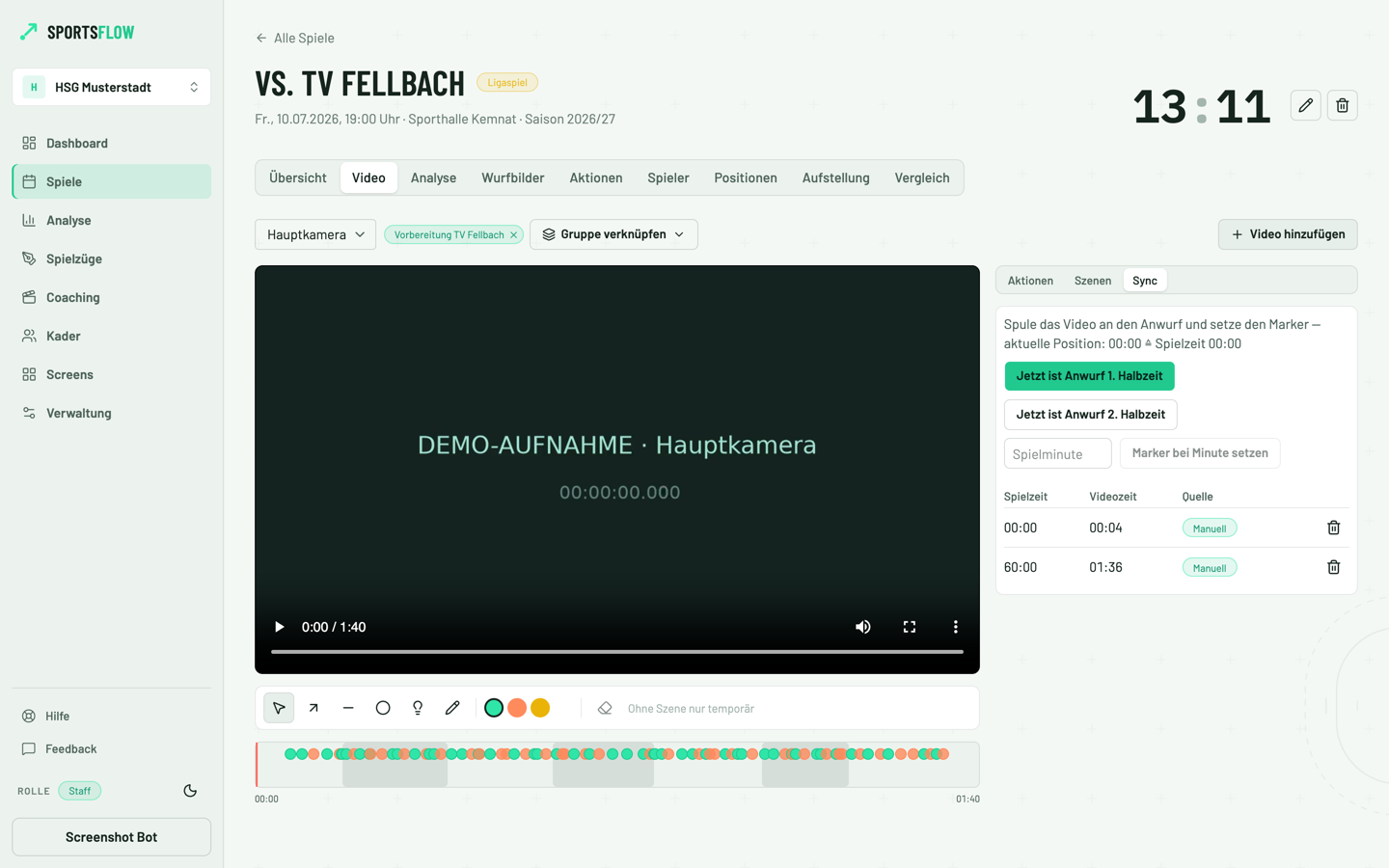 Video-Analyse in SportsFlow: Spielvideo mit synchronisierter Aktionsliste