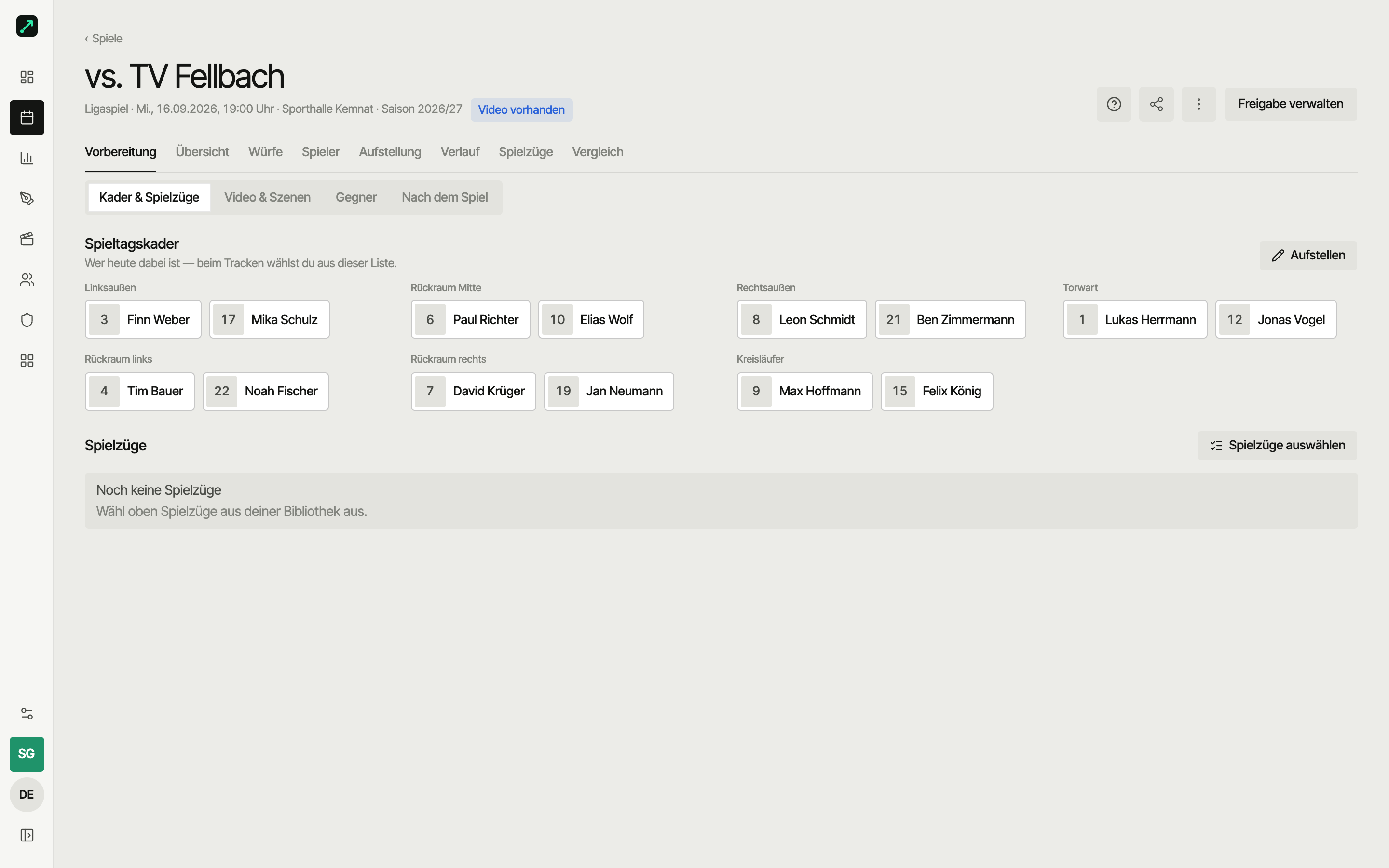 Vorbereitung in SportsFlow: Spieltagskader, Videos und Szenen nach Tag in einer Mappe fürs nächste Spiel